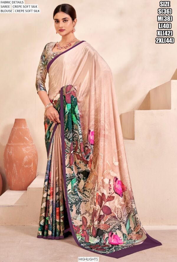 Digital Printed Daily Wear Crepe Soft Silk Saree With Blouse Piece