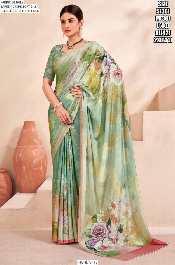 Digital Printed Daily Wear Crepe Soft Silk Saree With Blouse Piece