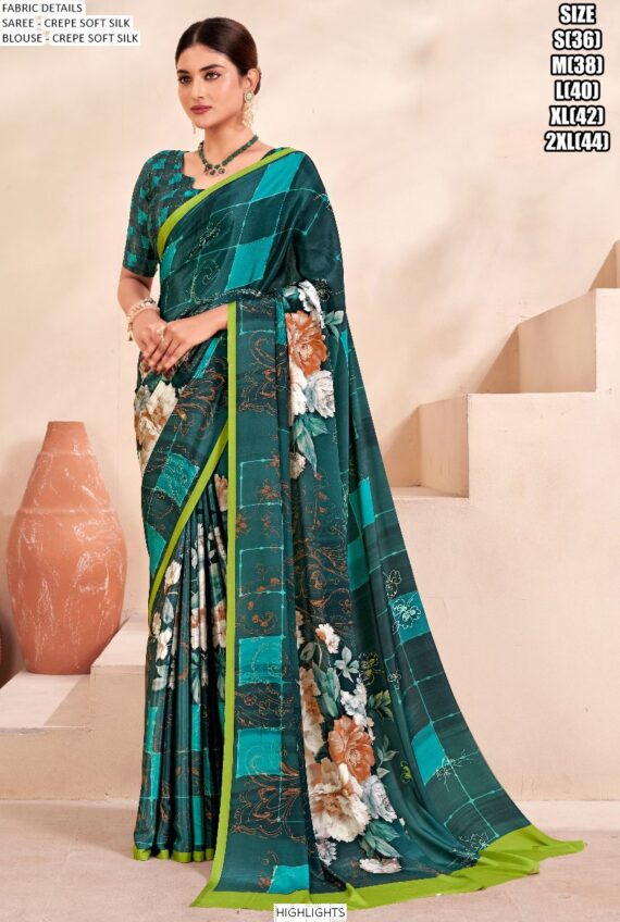 Digital Printed Daily Wear Crepe Soft Silk Saree With Blouse Piece