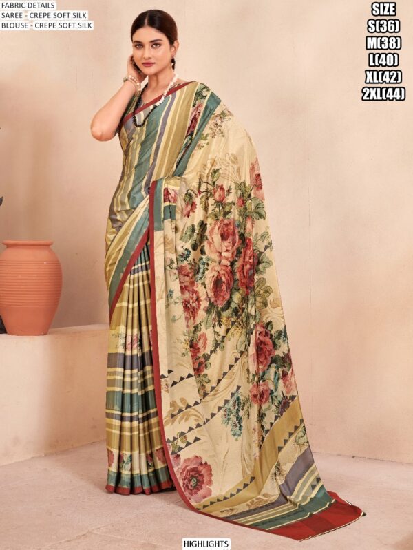 Digital Printed Daily Wear Crepe Soft Silk Saree With Blouse Piece
