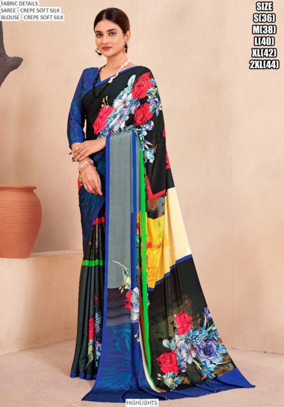 Digital Printed Daily Wear Crepe Soft Silk Saree With Blouse Piece