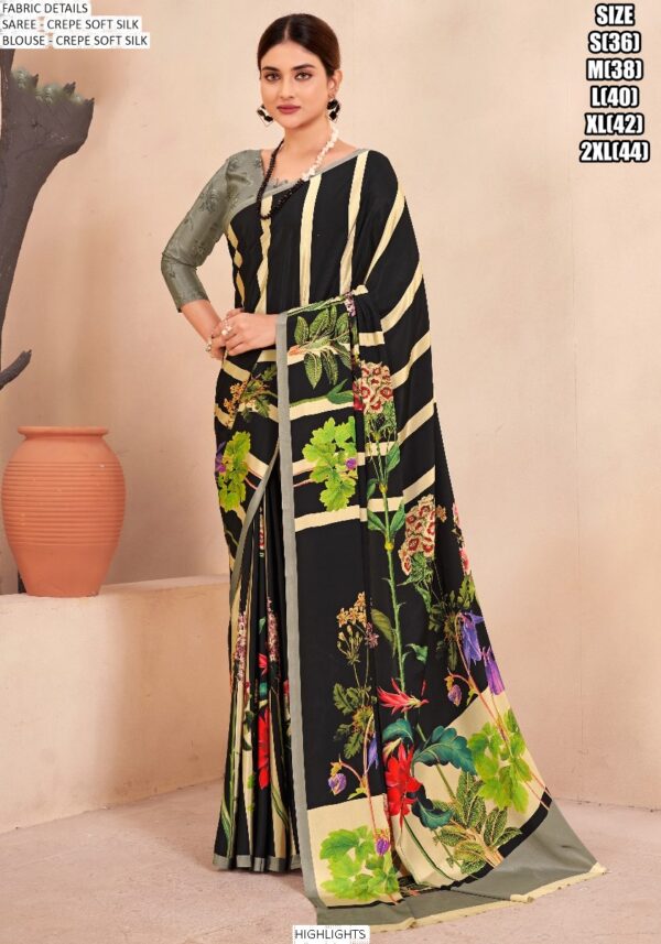 Digital Printed Daily Wear Crepe Soft Silk Saree With Blouse Piece