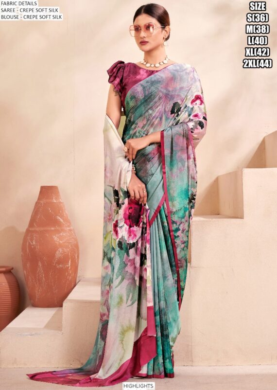 Digital Printed Daily Wear Crepe Soft Silk Saree With Blouse Piece