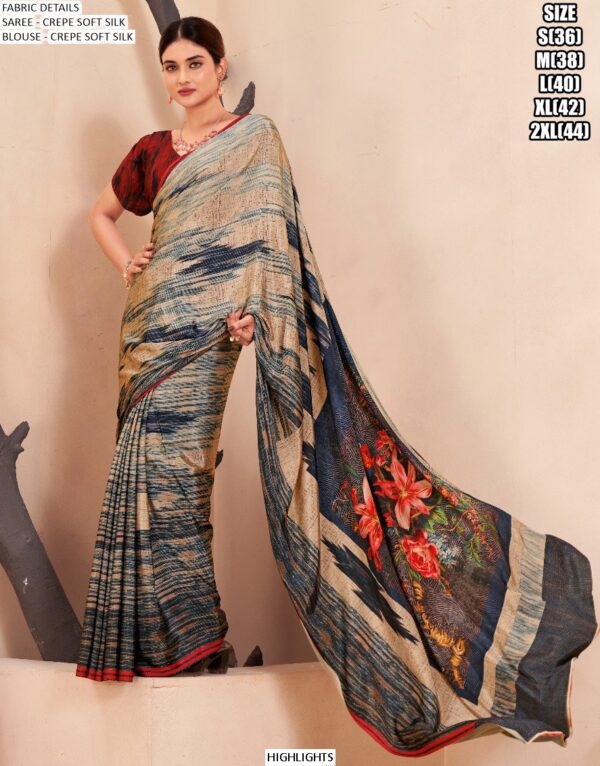 Digital Printed Daily Wear Crepe Soft Silk Saree With Blouse Piece