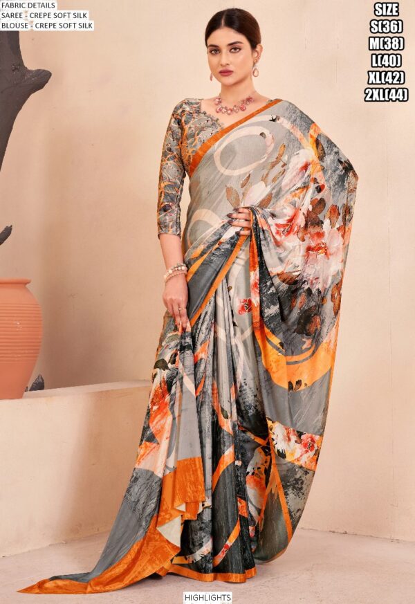 Digital Printed Daily Wear Crepe Soft Silk Saree With Blouse Piece