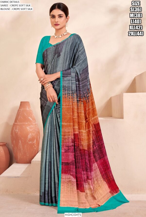 Digital Printed Daily Wear Crepe Soft Silk Saree With Blouse Piece
