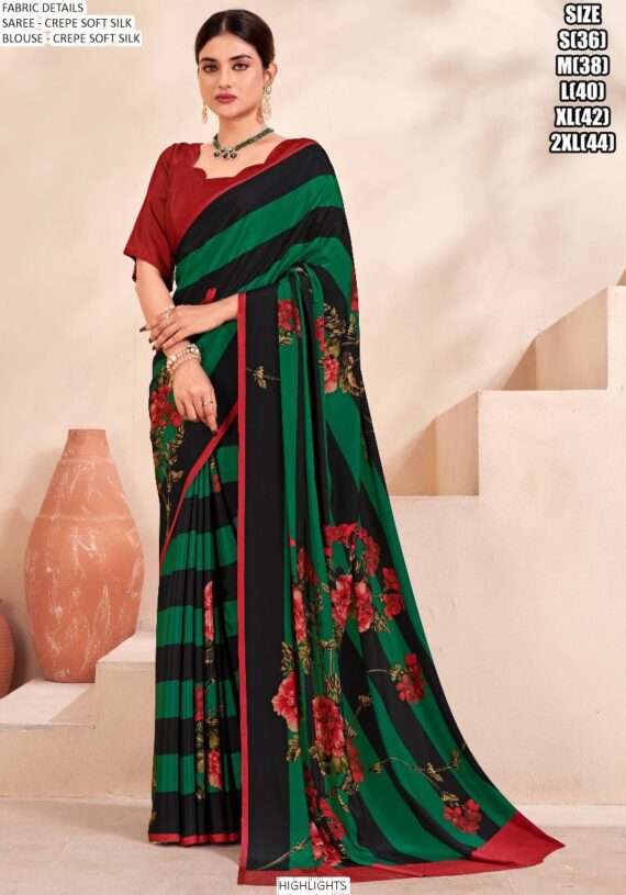 Digital Printed Daily Wear Crepe Soft Silk Saree With Blouse Piece
