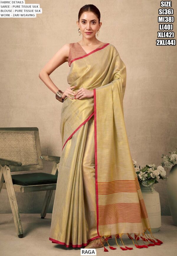 Zari Weaving Worked Bollywood Pure Tissue Silk Plain Party Wear Un-Stitched Sarees