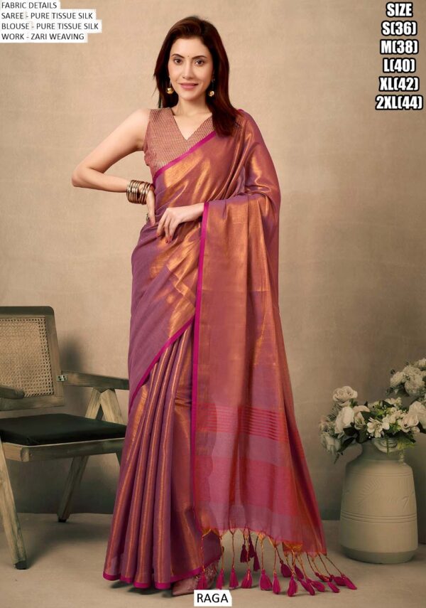 Zari Weaving Worked Bollywood Pure Tissue Silk Plain Party Wear Un-Stitched Sarees