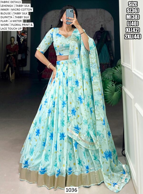 Glimmering Floral Printed Tabby Silk Festival Wear Lehenga Choli Sets