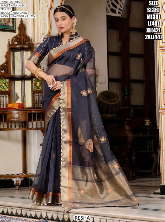 Buy Linen Kota Party Wear Sarees With Beautiful Hand Worked Buttas