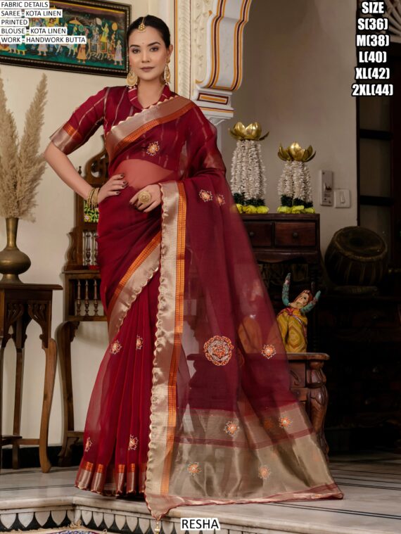 Buy Linen Kota Party Wear Sarees With Beautiful Hand Worked Buttas
