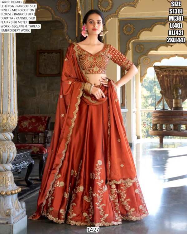 Sequins And Thread Embroidered Rangoli Silk Rust Orange Colour Lehenga Choli