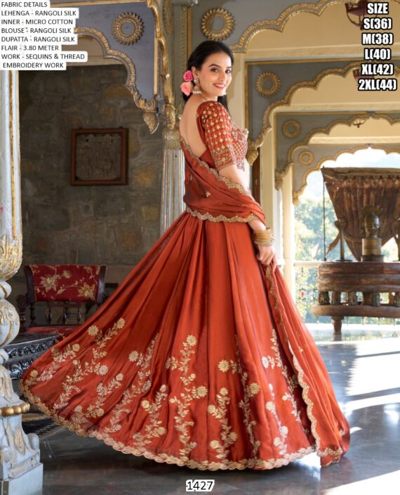 Sequins And Thread Embroidered Rangoli Silk Rust Orange Colour Lehenga Choli