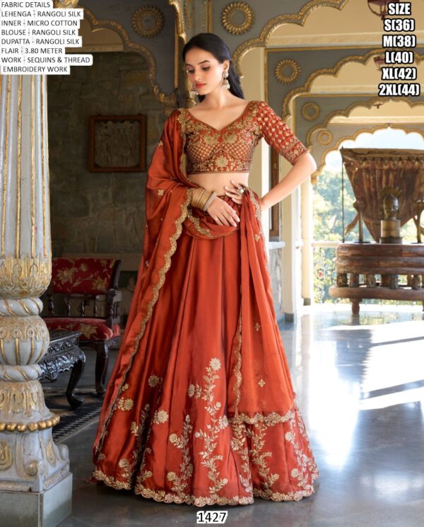 Sequins And Thread Embroidered Rangoli Silk Rust Orange Colour Lehenga Choli