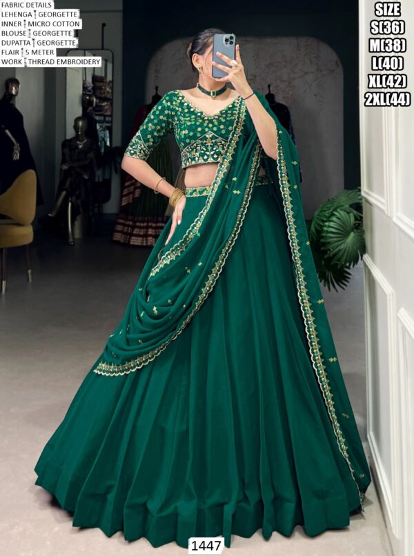 Stunning Bottle Green Georgette Thread Embroidered Wedding Wear Lehenga Choli