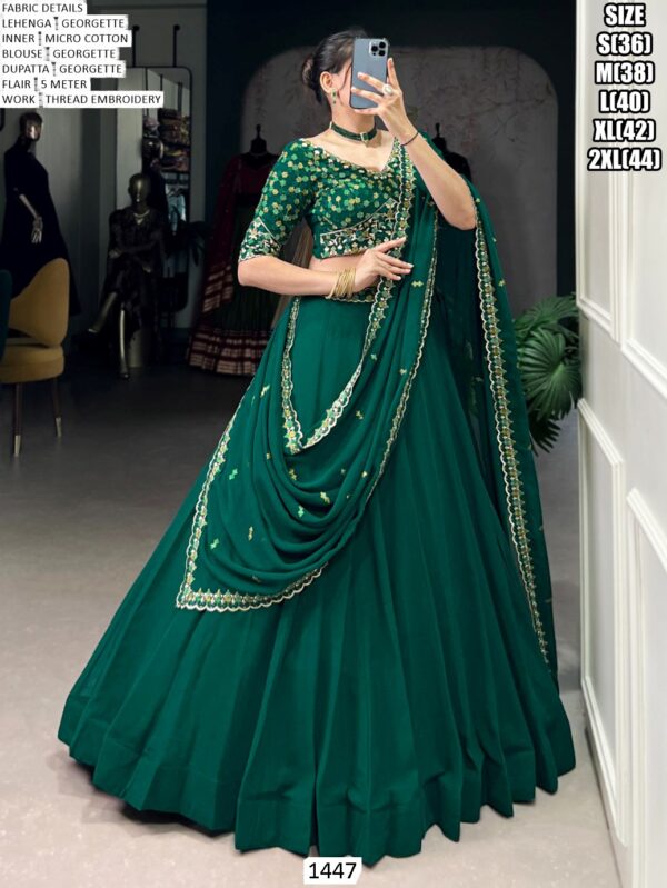 Stunning Bottle Green Georgette Thread Embroidered Wedding Wear Lehenga Choli