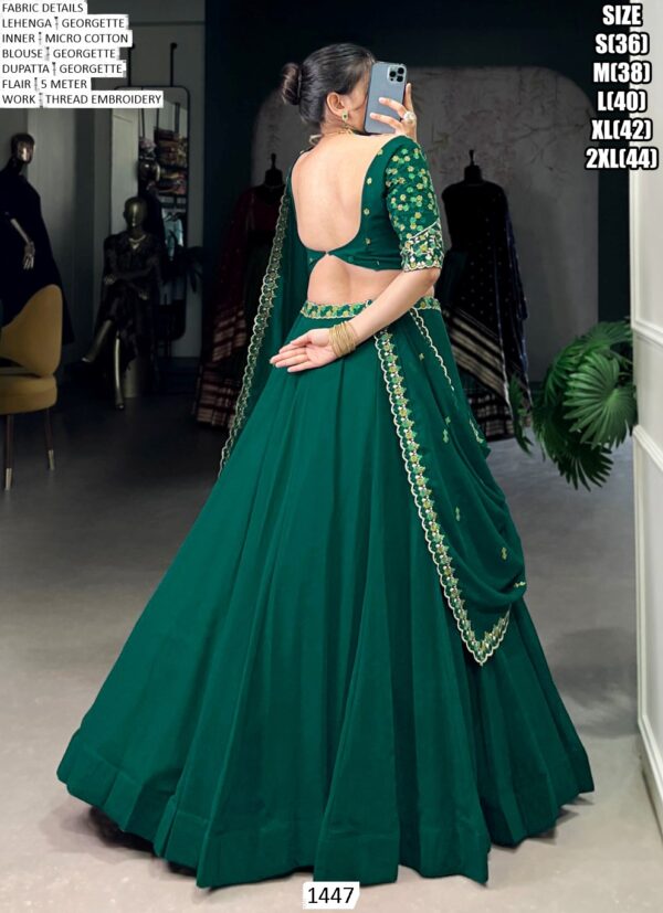 Stunning Bottle Green Georgette Thread Embroidered Wedding Wear Lehenga Choli