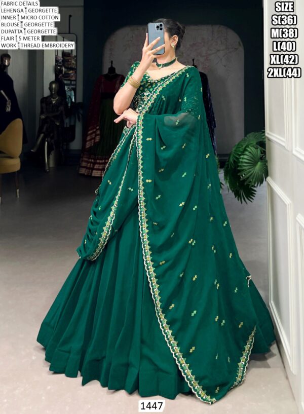 Stunning Bottle Green Georgette Thread Embroidered Wedding Wear Lehenga Choli
