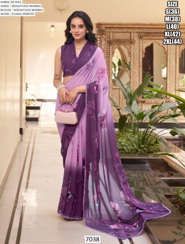 Vibrant Floral Prints And Trim Lace Bordered Weightless Marble Saree With Un-Stitched Blouse