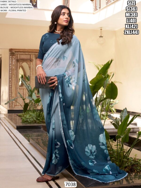 Vibrant Floral Prints And Trim Lace Bordered Weightless Marble Saree With Un-Stitched Blouse