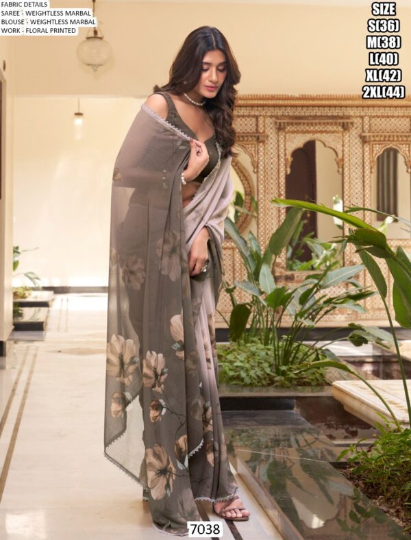 Vibrant Floral Prints And Trim Lace Bordered Weightless Marble Saree With Un-Stitched Blouse