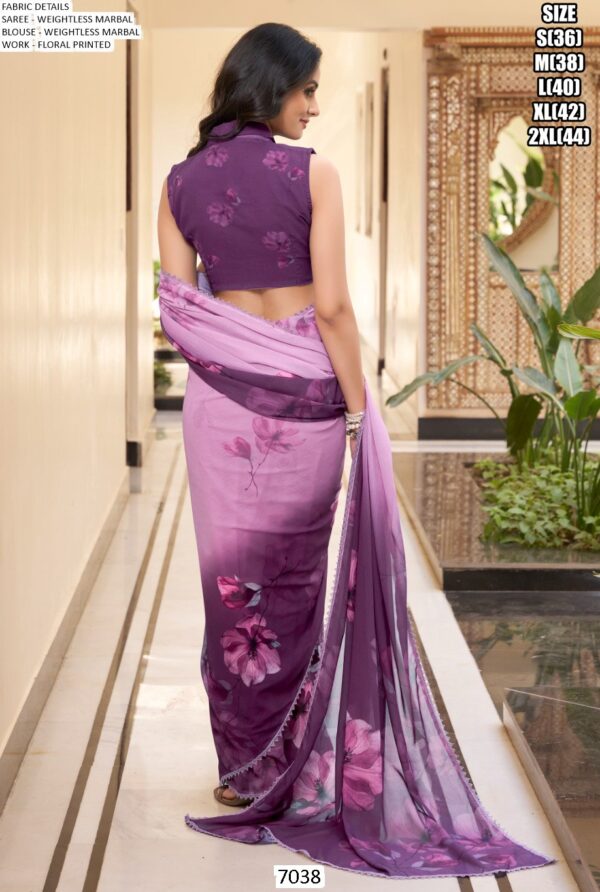 Vibrant Floral Prints And Trim Lace Bordered Weightless Marble Saree With Un-Stitched Blouse