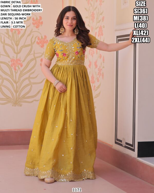Grace Your Festive Moments With This Beautiful Designer Gold Crush Readymade Gown