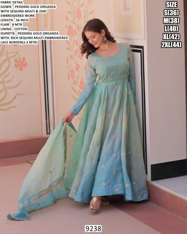 Pink And Sky Pedding Gold Organza Sequins-Multi And Zari Embroidered Party Wear Gown