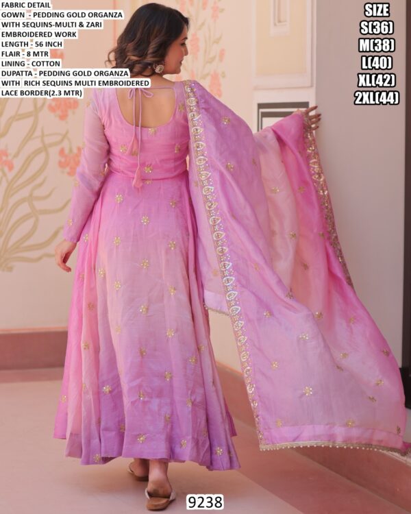 Pink And Sky Pedding Gold Organza Sequins-Multi And Zari Embroidered Party Wear Gown