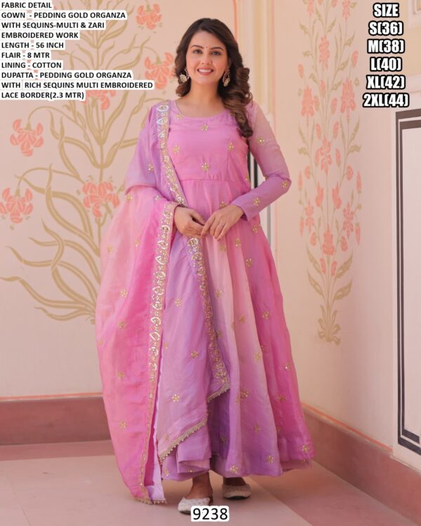 Pink And Sky Pedding Gold Organza Sequins-Multi And Zari Embroidered Party Wear Gown