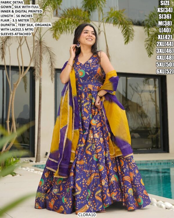 Our Multi Colour Silk Digital Print Work Gown Sets Wearing In Any Ceremonial