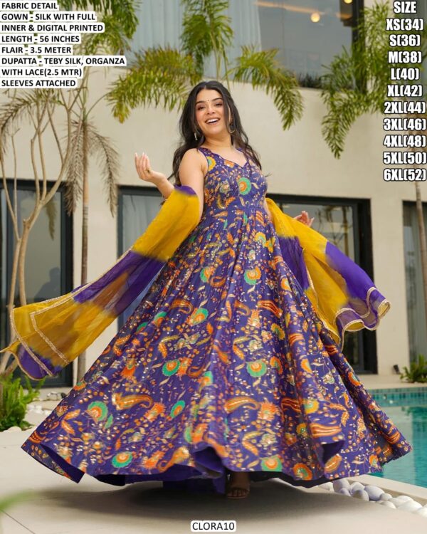 Our Multi Colour Silk Digital Print Work Gown Sets Wearing In Any Ceremonial