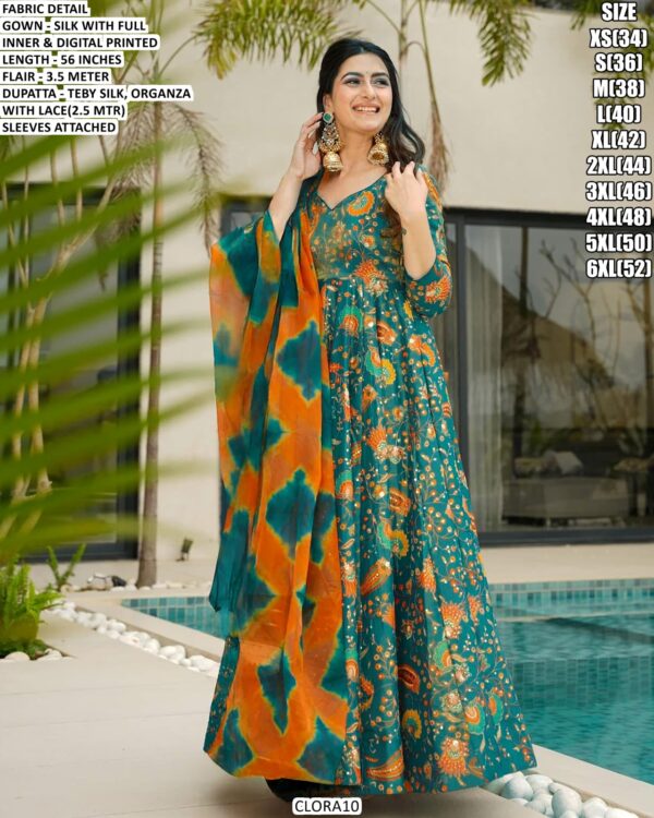 Our Multi Colour Silk Digital Print Work Gown Sets Wearing In Any Ceremonial