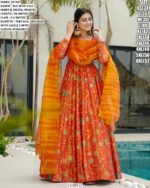 Our Multi Colour Silk Digital Print Work Gown Sets Wearing In Any Ceremonial