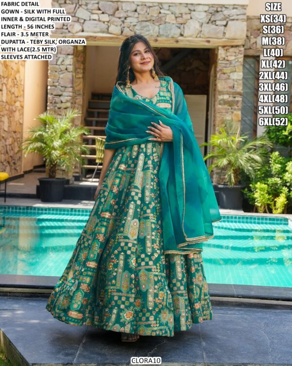 Our Multi Colour Silk Digital Print Work Gown Sets Wearing In Any Ceremonial