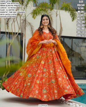 Our Multi Colour Silk Digital Print Work Gown Sets Wearing In Any Ceremonial