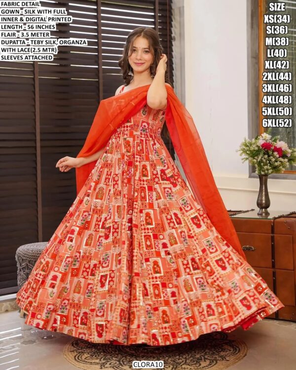 Our Multi Colour Silk Digital Print Work Gown Sets Wearing In Any Ceremonial