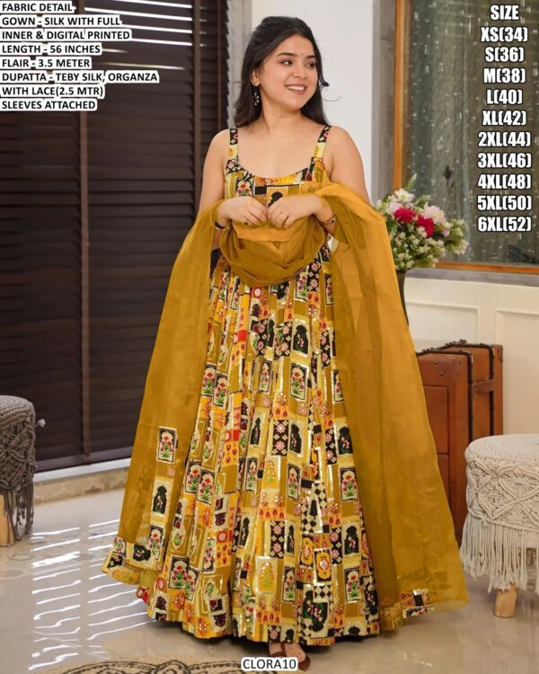 Our Multi Colour Silk Digital Print Work Gown Sets Wearing In Any Ceremonial
