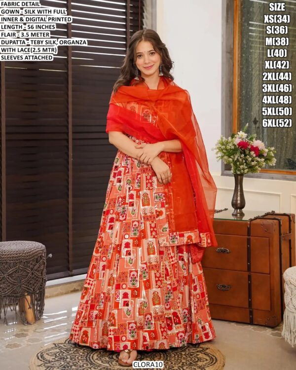 Our Multi Colour Silk Digital Print Work Gown Sets Wearing In Any Ceremonial