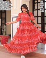 Coral Red Colour Floral Printed Casual Wear Ruffle Flared Gown In Georgette
