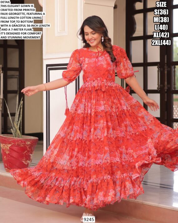 Coral Red Colour Floral Printed Casual Wear Ruffle Flared Gown In Georgette