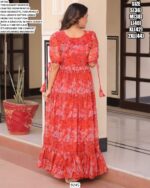 Coral Red Colour Floral Printed Casual Wear Ruffle Flared Gown In Georgette