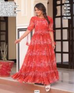 Coral Red Colour Floral Printed Casual Wear Ruffle Flared Gown In Georgette