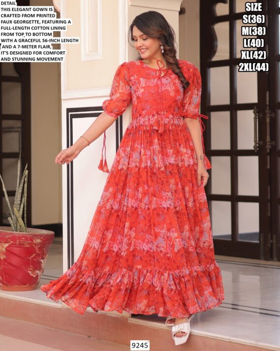 Coral Red Colour Floral Printed Casual Wear Ruffle Flared Gown In Georgette