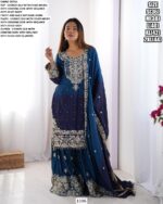 Sharara Style Salwar Kameez In Ombre Shades And Embroidered Chinon Silk