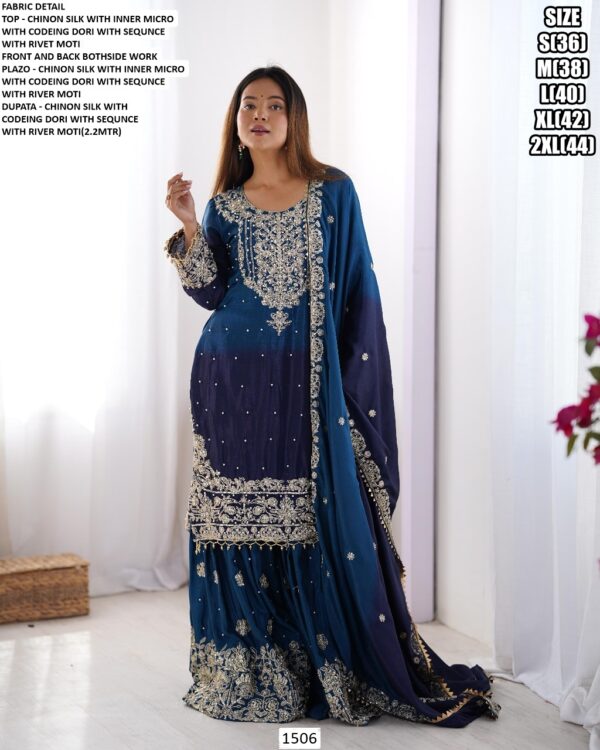 Sharara Style Salwar Kameez In Ombre Shades And Embroidered Chinon Silk