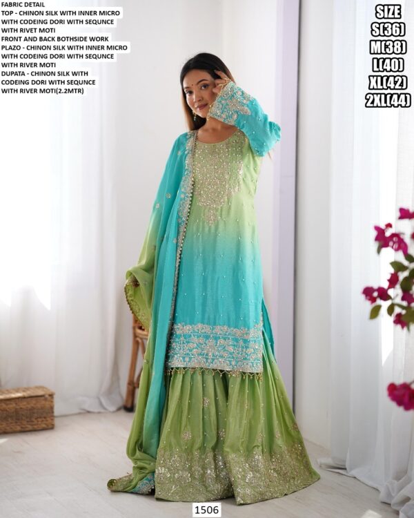 Sharara Style Salwar Kameez In Ombre Shades And Embroidered Chinon Silk