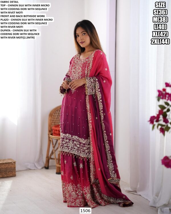 Sharara Style Salwar Kameez In Ombre Shades And Embroidered Chinon Silk