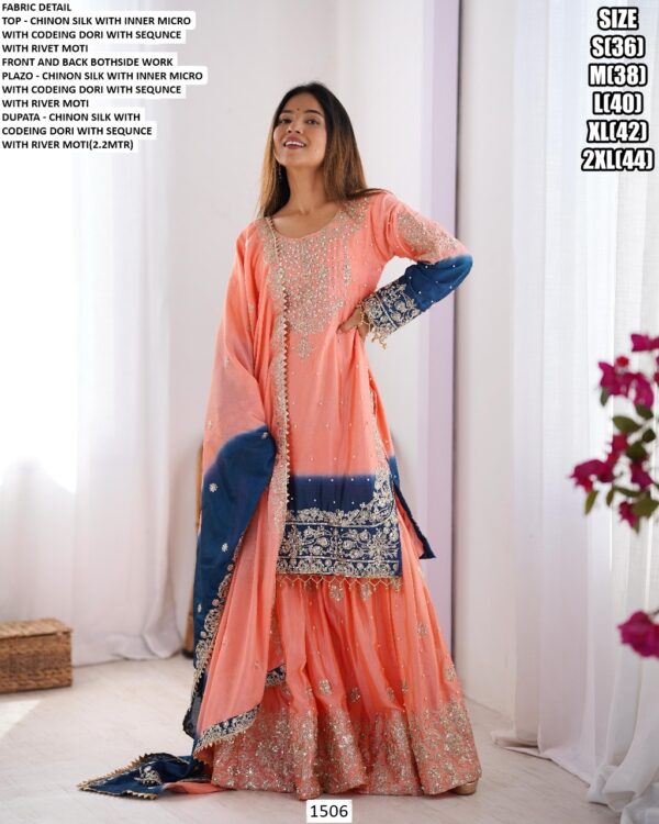 Sharara Style Salwar Kameez In Ombre Shades And Embroidered Chinon Silk